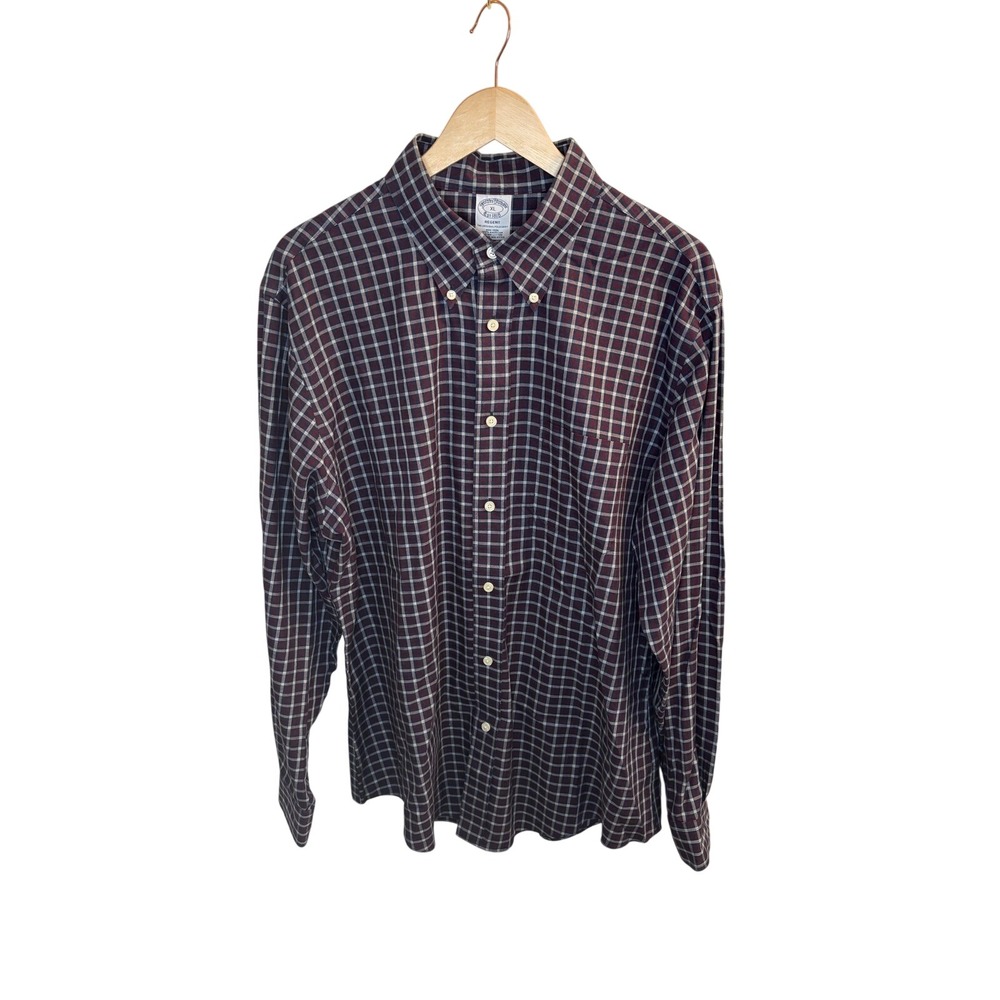 Brooks Brothers Regent Non-Iron Shirt XL Mens Navy Burgundy Plaid Supima Cotton
